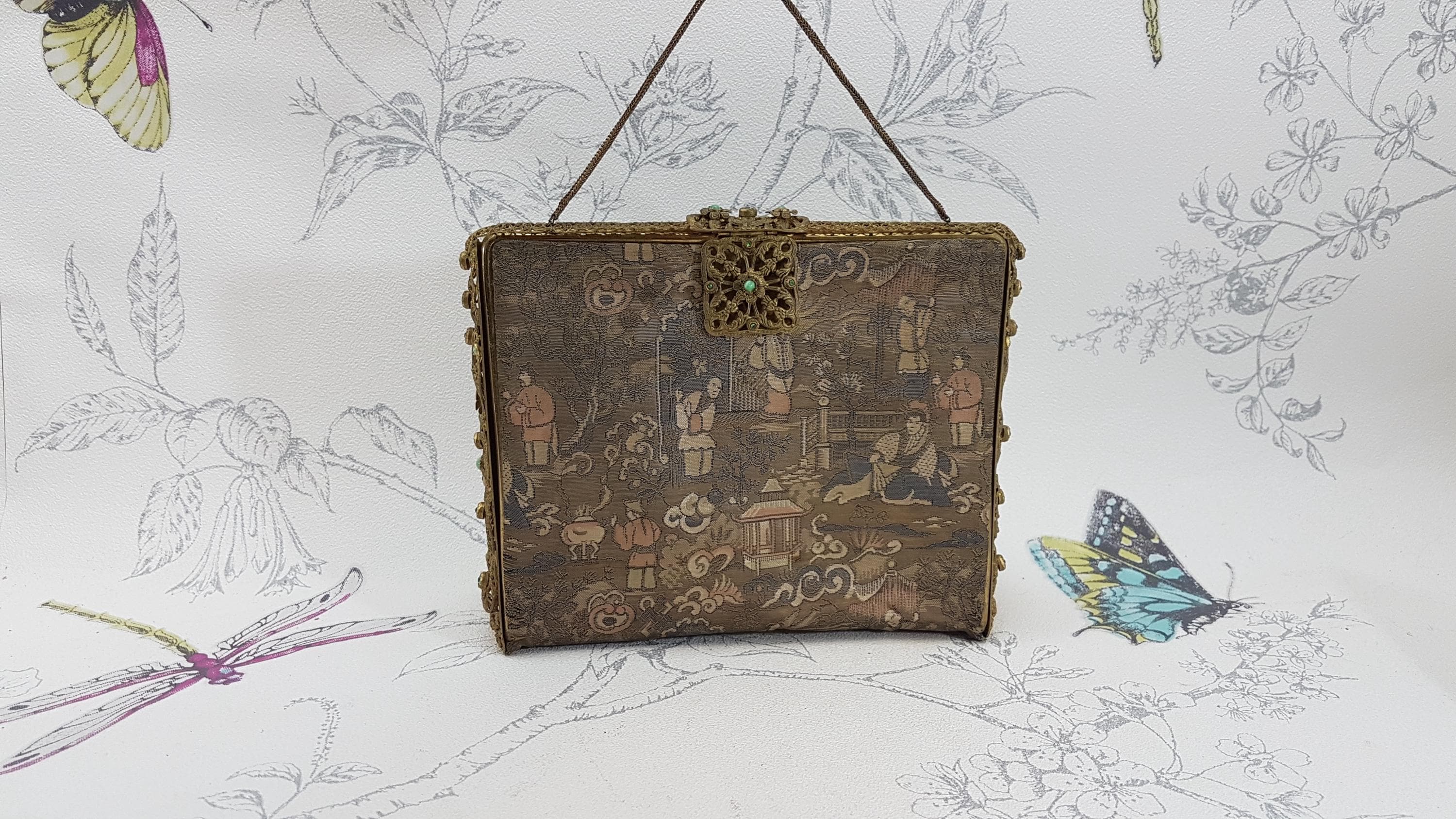 Art Deco Silk Brocade Clutch: Jeweled Gilt Frame, Antique Evening