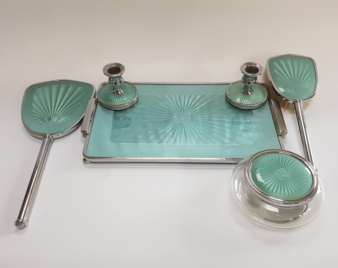 Vintage Dressing Table Vanity Set Art Deco Blue Guilloche Etsy