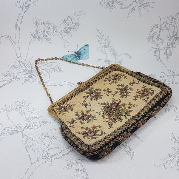 Bolso tapiz vintage, bolso clutch tapiz de mediados de siglo, bolso de noche tapiz floral vintage
