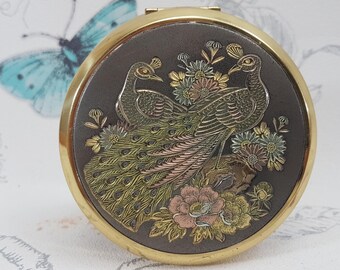 ヴィンテージの日本の彫金アートコンパクトミラー：孔雀のデザイン