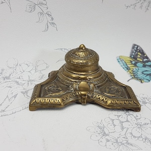 Art Deco koperen inktpot, antieke Franse art nouveau-inktpot, stijlvolle Mod Brevet koperen inktpot