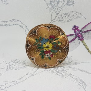 Vintage powder compact with colourful floral decoration, mid-century compact mirror, Made in England