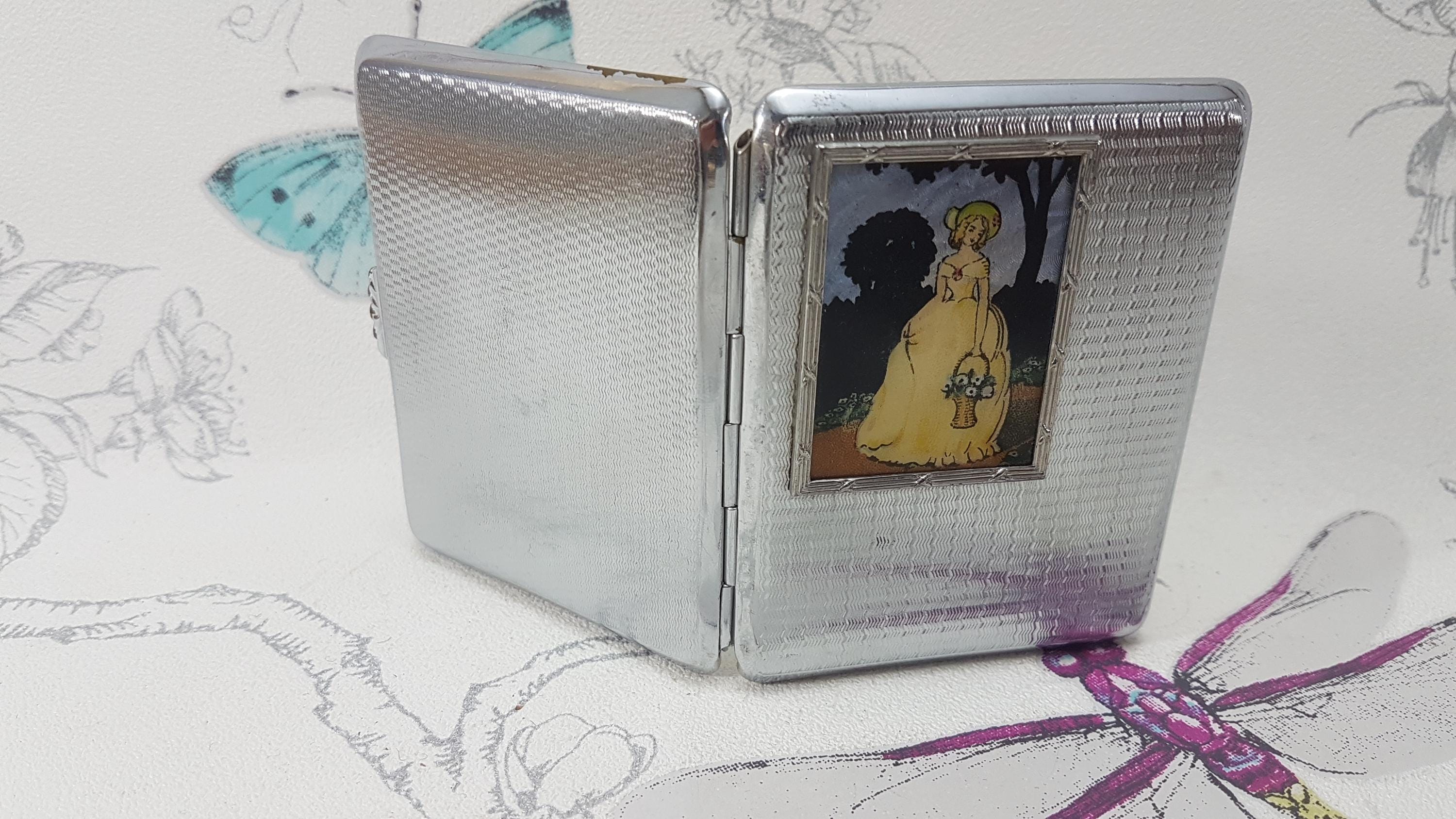 Vintage Gwenda Cigarette Case, Art Deco Crinoline Lady, Chrome Card Case