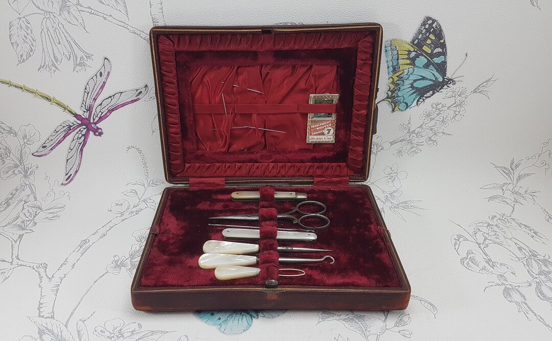 Antique Sewing Case, Vintage Leather Covered Sewing Tool Case With