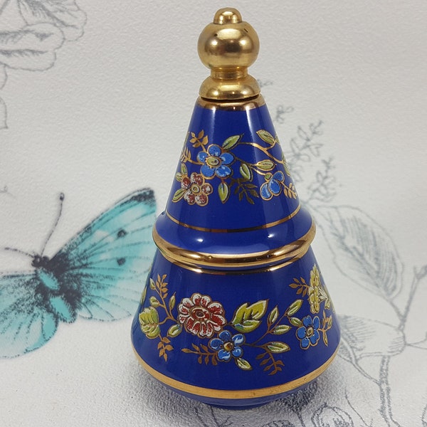 Vintage porcelain solid perfume bottle, vintage blue and gold ceramic solid perfume bottle with dabber