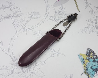 Antique Red Leather Spectacle Case with Enamel Chatelaine Clip