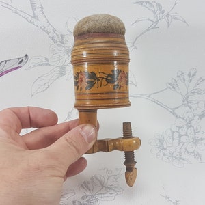 Antique Tunbridgeware Sewing Clamp Pincushion: Georgian Floral Design