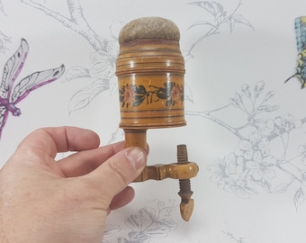 Georgian wooden sewing clamp pincushion, antique Tunbridgeware sewing clamp pin cushion, collectable antique sewing tools