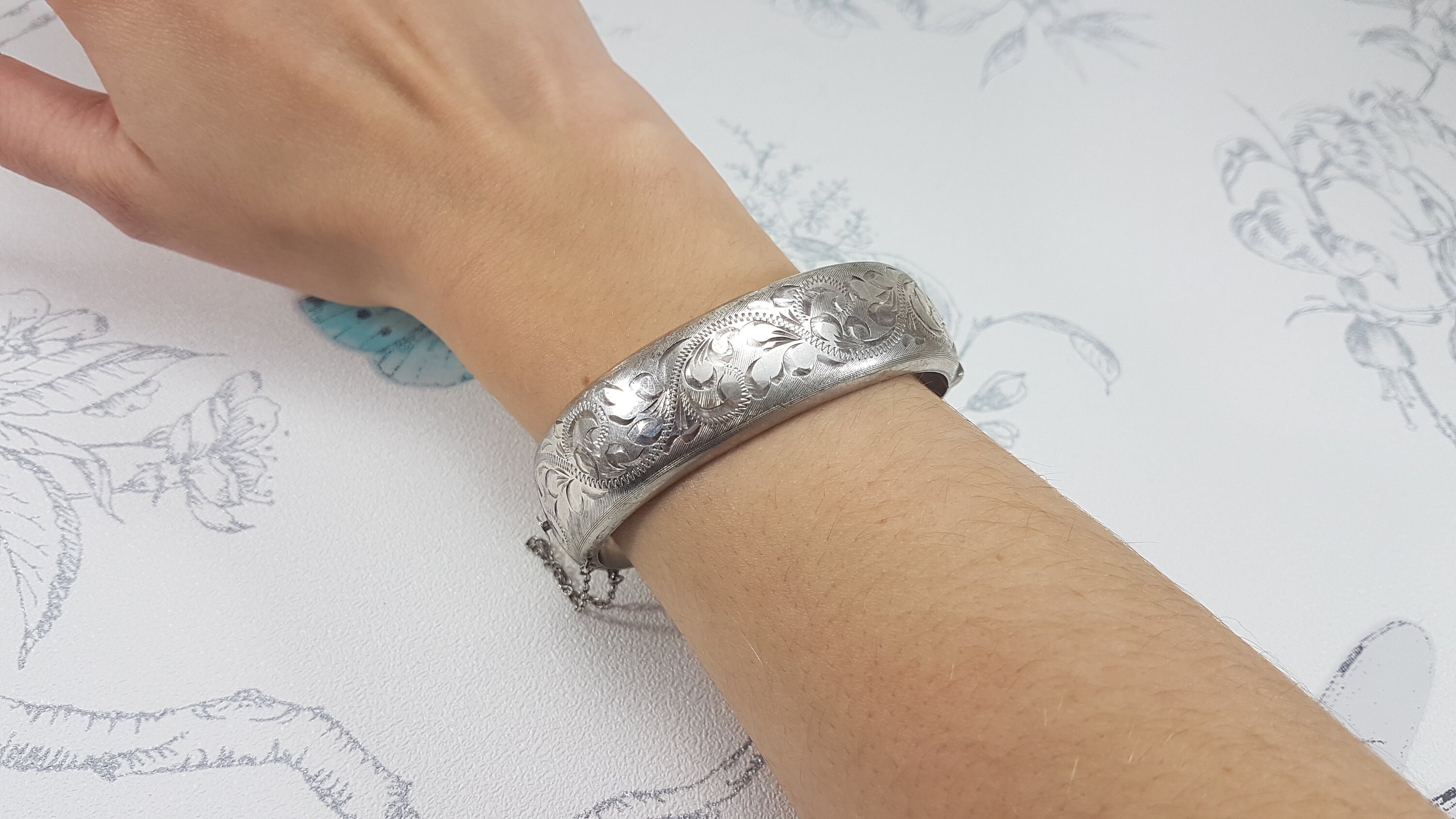 Vintage Sterling Silver Cuff Bracelet, Ornate 1970s Sterling