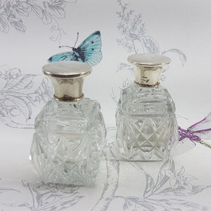 Art Deco Cut Glass Perfume Bottles: Vintage Silver Topped Scent Bottle Pair
