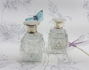 Art Deco Cut Glass Perfume Bottles: Vintage Silver Topped Scent Bottle Pair