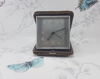 Art Deco travel alarm clock, vintage bedside folding alarm clock, vintage Swiss 15 jewels 8 days wind up alarm clock