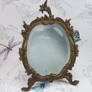 Antique Bronze Vanity Mirror: Ornate Beveled Glass, Freestanding Easel