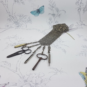 Antique filigree 5 chain chatelaine, Victorian ornate filigree chatelaine with selection of antique tools, steel scissors, propelling pencil