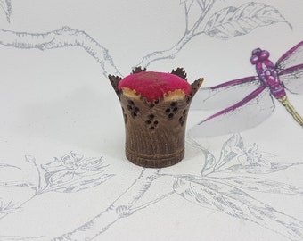 Antique wooden pincushion, ornately carved pincushion with red velvet top, collectable antique sewing and needlework tools