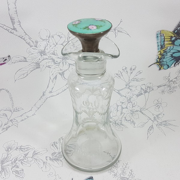 Antique etched glass bottle with sterling silver guilloche enamel stopper, antique oil and vinegar bottle or perfume bottle