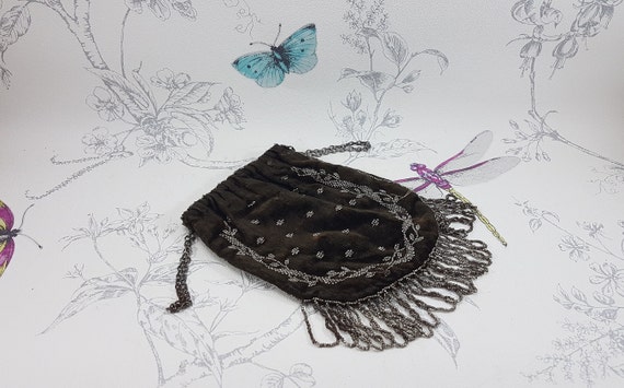 Antique velvet evening bag, cut steel beaded clut… - image 1