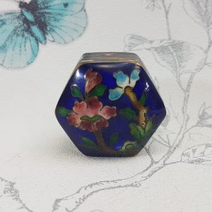 Vintage Cloisonne Trinket Box: Hexagonal Blue Enamel Pill Box
