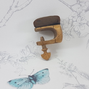 Antique Hand Painted Sewing Clamp Pincushion: Georgian Wooden Tool