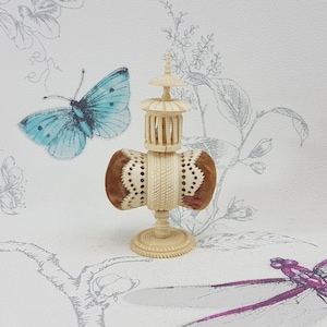 Victorian Carved Bone Pin Cushion Tape Measure Sewing Tool
