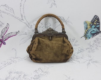 Bolso de terciopelo verde antiguo, bolso de mano de terciopelo verde victoriano con marco de metal adornado y forro de cuero suave, bolso victoriano antiguo