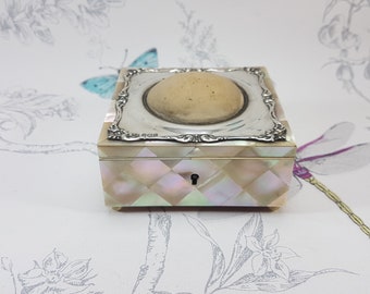 Edwardian sewing box, small antique mother of pearl sewing box with silver bordered pincushion lid, antique sewing and needlework tools