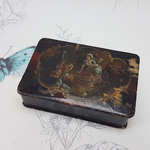 Antique Victorian Papier Mache Box: Mid 19th Century Trinket Box