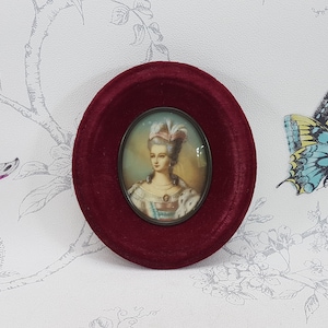 Antique Miniature Portrait: Lady in Red Velvet Oval Frame