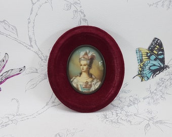 Antique Miniature Portrait: Lady in Red Velvet Oval Frame