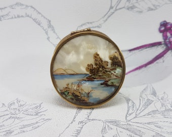 Vintage lucite powder compact, hand painted compact mirror, small Art Deco powder compact