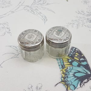 Antique Glass Vanity Jars with Engraved Silver Lids - Early 20th Century Pair