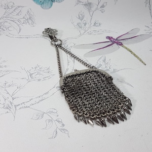 Antique Steel Chainmail Chatelaine Purse: Cut Steel Beads, Patina