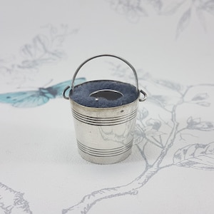 Vintage silver thimble holder pin cushion, silver bucket thimble holder with integrated pin cushion, vintage sewing tools and accessories