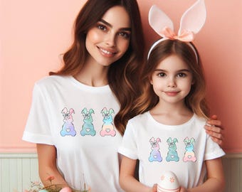 Pastel Easter Bunny Trio PNG: Glitter Bow Clipart (Digital Download)