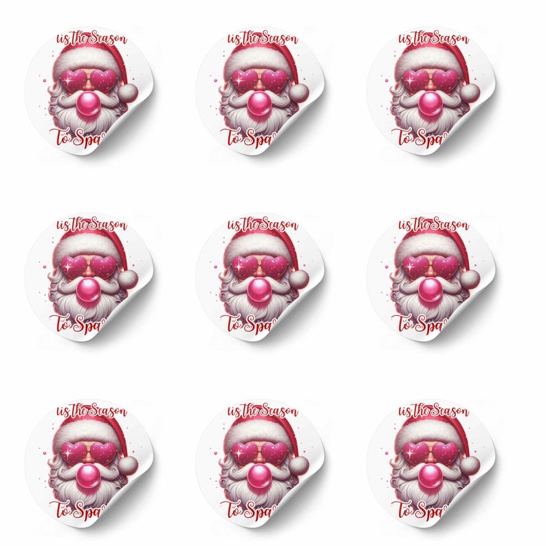 May include: Nine white stickers featuring a Santa Claus design. Santa wears a red hat and heart-shaped sunglasses. The text "Tis the Season" and "To Spa" are printed on each sticker. The Santa's beard is white and he has a pink bubble.