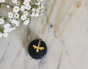 Long 14k Gold Filled Lava Pendant / Bee Charm Necklace / Diffuser Jewellery / Aromatherapy / Essential Oils  / Anxiety Necklace / Yoga