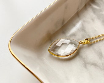 Clear Quartz Pendant / Clear Quartz / Gemstone Necklace / Marquise Pendant / Gold Vermeil / Calming Necklace