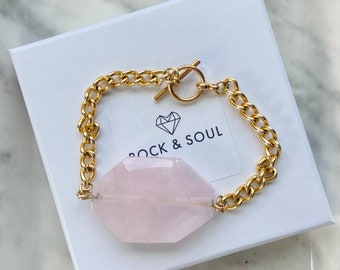 Rose Quartz Bracelet / Chunky Gold Bracelet / Chunky Chain / Statement Bracelet / Rose Quartz / Pink