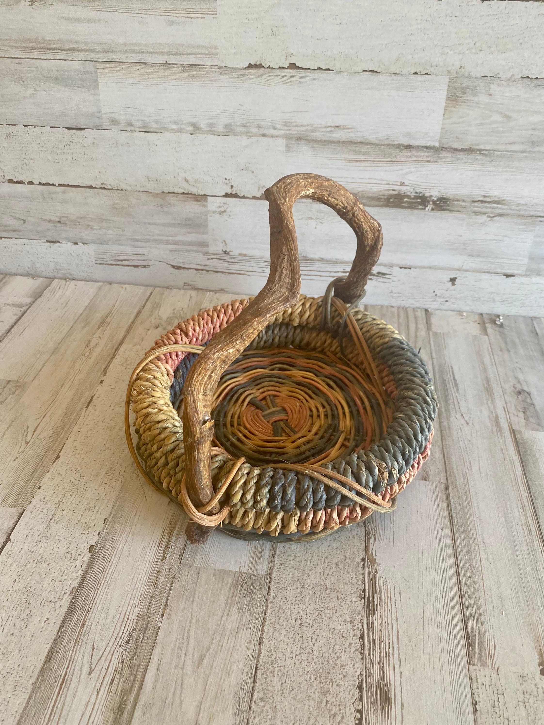 Vintage Handmade Wooden Handle Colorful Basket Rustic Eclectic Etsy