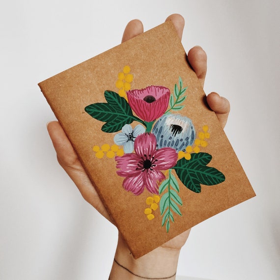 Hand painted flower notebook watercolour gouache clean minimalist notes original