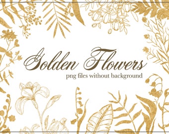 Gold flowers leaves Christmas wreath Golden DIY stationery Holly Jolly Clip Art png download