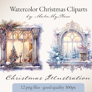 Watercolor christmas clipart, 12 winter watercolor clipart - winter scene watercolor, cards winter snow watercolor cliparts