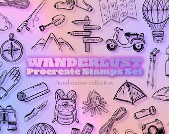Wanderlust camping brushes travel Procreate - procreate stamp brushes,  procreate brushes texture, procreate brushes, procreate stamp