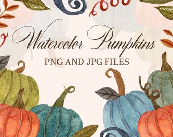 Watercolor pumpkin clip art, hand painted pumpkins png, halloween art and party download
