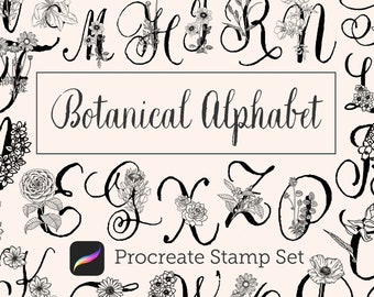 Procreate Floral Alphabet Botanic stamps digital letters for iPad - Stamps Illustration hand painted flowers