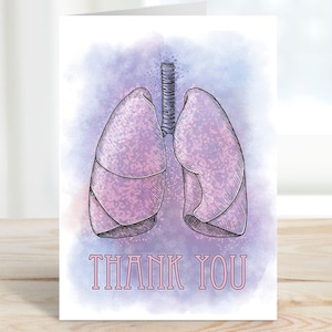 Tarjeta de agradecimiento para neumólogo. Tarjeta de agradecimiento para cirujano. Dibujo de anatomía de los pulmones. Tarjeta de arte médico.