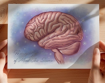 Vi auguro tranquillità in questa stagione. Biglietto di Natale del dottore del cervello, biglietto di auguri di Natale sull'anatomia del cervello. Neurologi, psicologi e neurochirurghi.