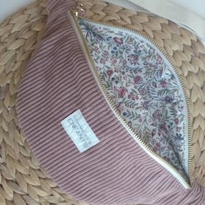 Sac banane  femme en velours - Velours côtelé rose - Doublure fleurs provencales - Sac bandoulière sangle amovible