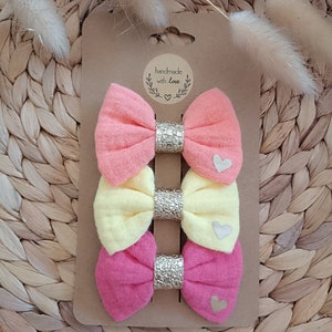 Set of 3 cotton gauze bows - Summer colors - Baby little girls&#39; hair accessories - Choice of crocodile clip, elastic...
