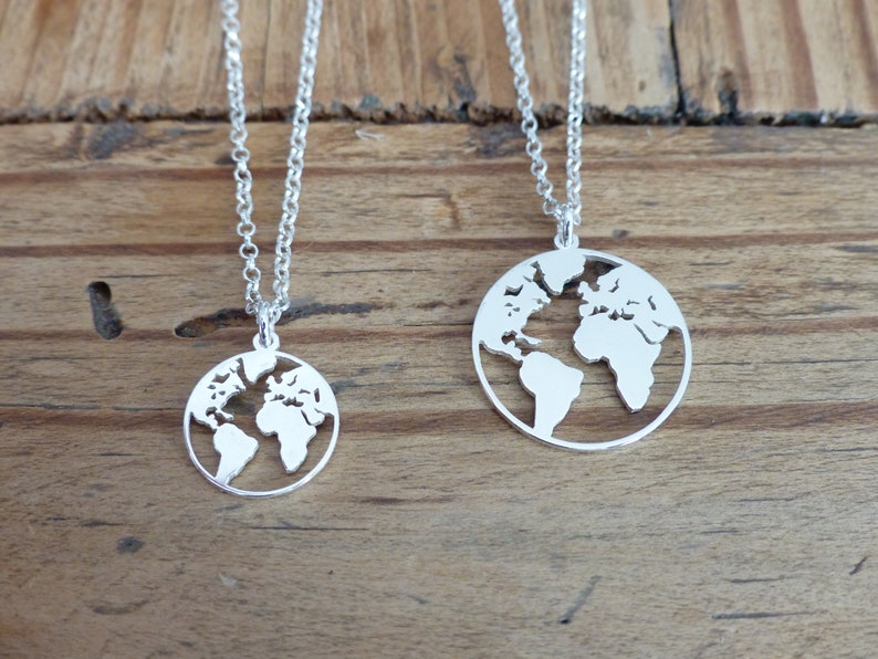Silver chain necklace Earth Globe Worldmas globe Fine silver world map necklace 925 Planet Earth Collier globe